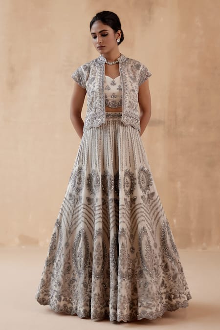 Shop Aman Takyar Grey Organza Sequins, Zari Sweetheart Thread Embroidered Jacket Lehenga Set at Aza Fashions Shop_Aman Takyar_Grey Organza Sequins, Zari Sweetheart Thread Embroidered Jacket Lehenga Set _at_Aza_Fashions