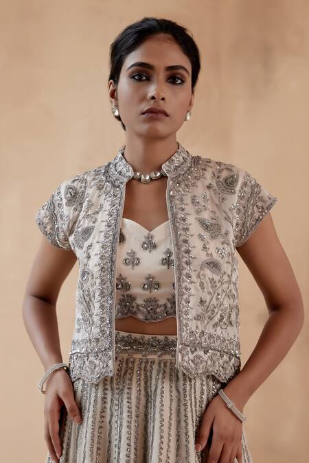 Buy Aman Takyar Grey Organza Sequins, Zari Sweetheart Thread Embroidered Jacket Lehenga Set Online at Aza Fashions Buy_Aman Takyar_Grey Organza Sequins, Zari Sweetheart Thread Embroidered Jacket Lehenga Set _Online_at_Aza_Fashions