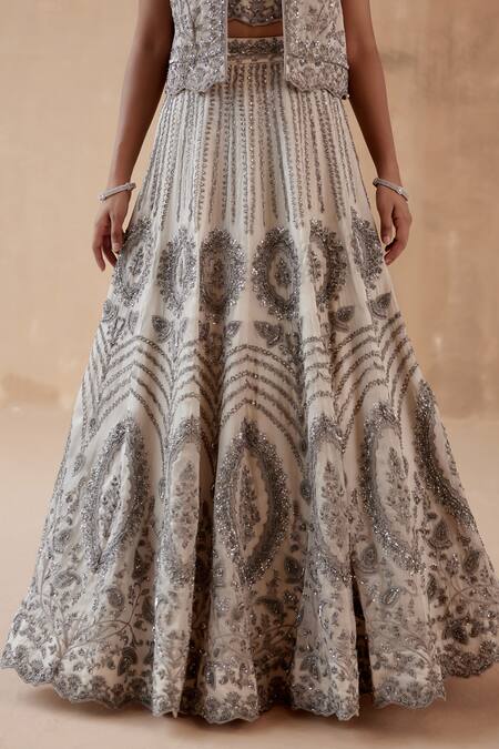 Shop Aman Takyar Grey Organza Sequins, Zari Sweetheart Thread Embroidered Jacket Lehenga Set Online at Aza Fashions Shop_Aman Takyar_Grey Organza Sequins, Zari Sweetheart Thread Embroidered Jacket Lehenga Set _Online_at_Aza_Fashions