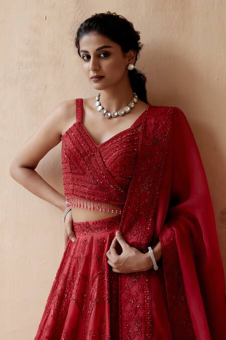 Shop_Aman Takyar_Red Organza Sequins, Beads, Cut Work, Embroidery V-neck Bridal Lehenga Set _Online_at_Aza_Fashions