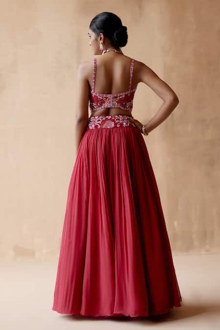 Shop Aman Takyar Red Georgette Embroidery, Sequins, Cut Work Asymmetric Waistband Lehenga Set at Aza Fashions Shop_Aman Takyar_Red Georgette Embroidery, Sequins, Cut Work Asymmetric Waistband Lehenga Set _at_Aza_Fashions