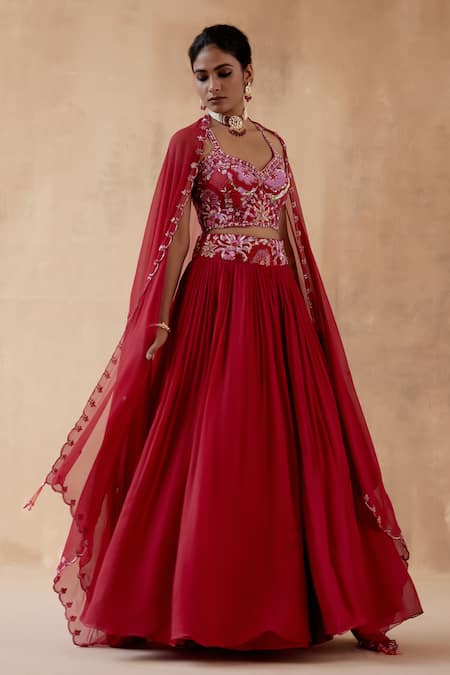 Buy Aman Takyar Red Georgette Embroidery, Sequins, Cut Work Asymmetric Waistband Lehenga Set Online at Aza Fashions Buy_Aman Takyar_Red Georgette Embroidery, Sequins, Cut Work Asymmetric Waistband Lehenga Set _Online_at_Aza_Fashions