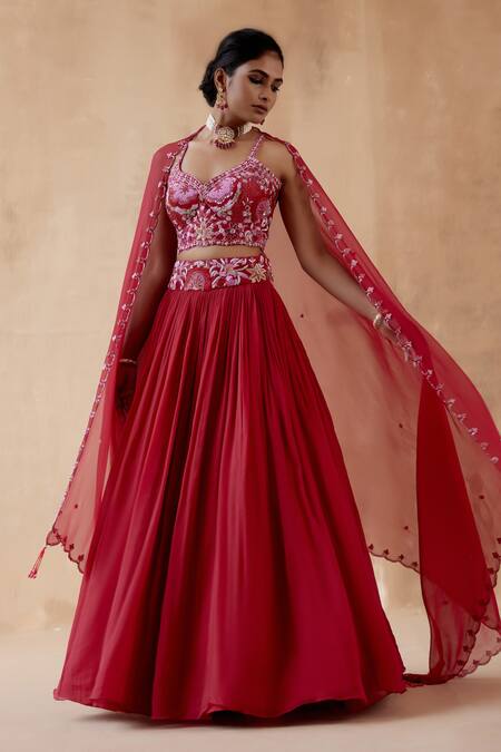 Shop Aman Takyar Red Georgette Embroidery, Sequins, Cut Work Asymmetric Waistband Lehenga Set Online at Aza Fashions Shop_Aman Takyar_Red Georgette Embroidery, Sequins, Cut Work Asymmetric Waistband Lehenga Set _Online_at_Aza_Fashions