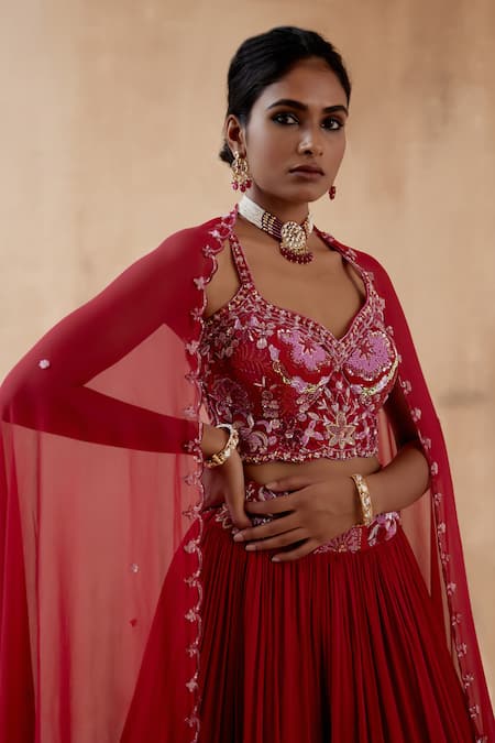 Aman Takyar Red Georgette Embroidery, Sequins, Cut Work Asymmetric Waistband Lehenga Set at Aza Fashions Aman Takyar_Red Georgette Embroidery, Sequins, Cut Work Asymmetric Waistband Lehenga Set _at_Aza_Fashions