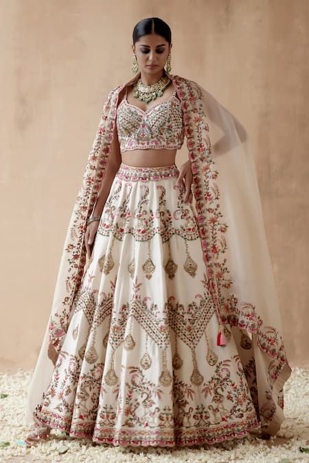 Buy_Aman Takyar_Ivory Organza, Silk Sequins, Beads, Zari, Floral Embroidered Bridal Lehenga Set _Online_at_Aza_Fashions