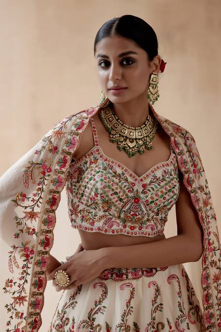Shop_Aman Takyar_Ivory Organza, Silk Sequins, Beads, Zari, Floral Embroidered Bridal Lehenga Set _Online_at_Aza_Fashions