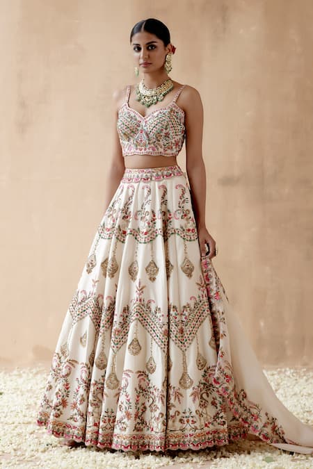 Aman Takyar_Ivory Organza, Silk Sequins, Beads, Zari, Floral Embroidered Bridal Lehenga Set _at_Aza_Fashions
