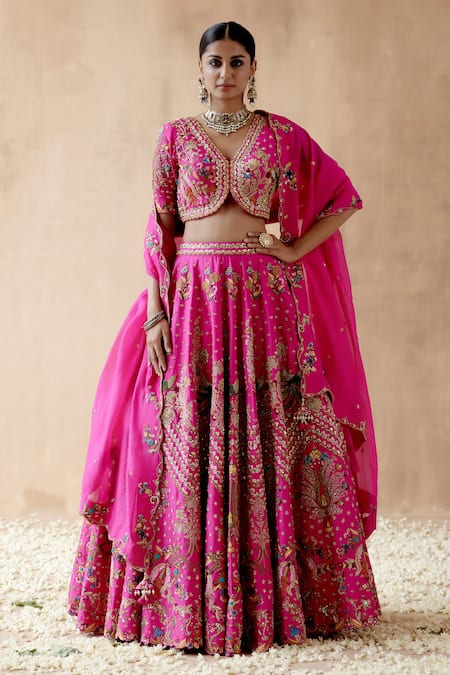 Shop_Aman Takyar_Pink Organza, Silk Sequins, Zari, Floral And Bird Embroidered Bridal Lehenga Set _at_Aza_Fashions