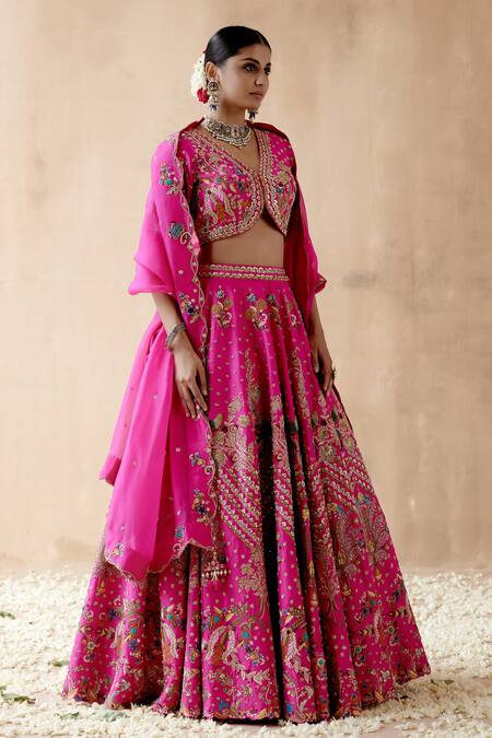 Buy_Aman Takyar_Pink Organza, Silk Sequins, Zari, Floral And Bird Embroidered Bridal Lehenga Set _Online_at_Aza_Fashions