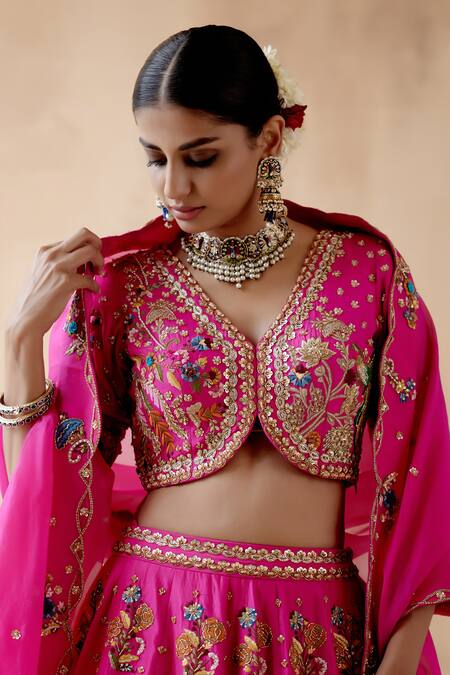 Shop_Aman Takyar_Pink Organza, Silk Sequins, Zari, Floral And Bird Embroidered Bridal Lehenga Set _Online_at_Aza_Fashions