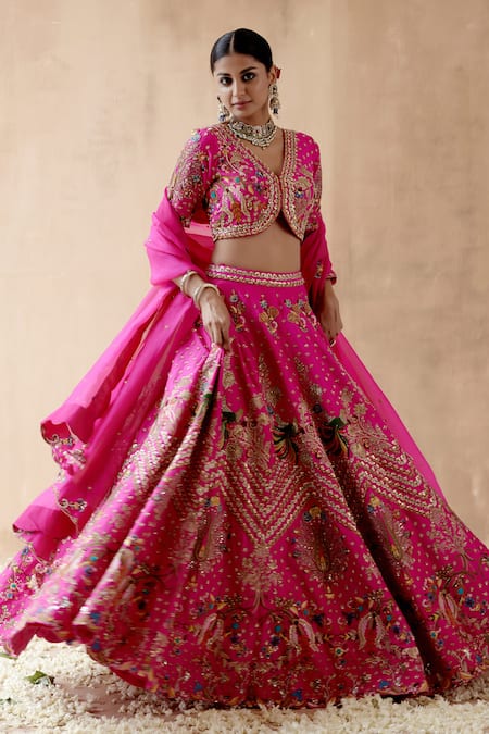 Aman Takyar_Pink Organza, Silk Sequins, Zari, Floral And Bird Embroidered Bridal Lehenga Set _at_Aza_Fashions