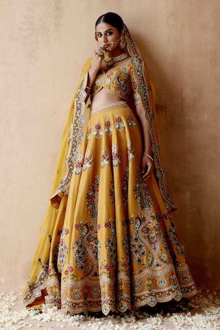 Shop Aman Takyar Yellow Organza, Silk Cut Work, Sequins Peacock Embroidered Bridal Lehenga Set at Aza Fashions Shop_Aman Takyar_Yellow Organza, Silk Cut Work, Sequins Peacock Embroidered Bridal Lehenga Set _at_Aza_Fashions