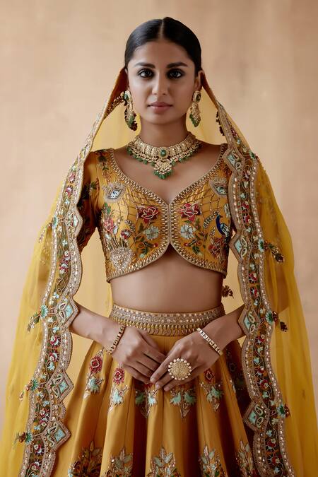 Aman Takyar Yellow Organza, Silk Cut Work, Sequins Peacock Embroidered Bridal Lehenga Set Online at Aza Fashions Aman Takyar_Yellow Organza, Silk Cut Work, Sequins Peacock Embroidered Bridal Lehenga Set _Online_at_Aza_Fashions