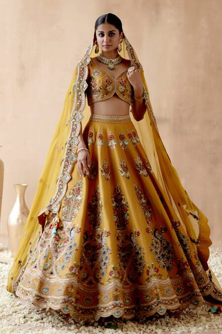 Shop Aman Takyar Yellow Organza, Silk Cut Work, Sequins Peacock Embroidered Bridal Lehenga Set Online at Aza Fashions Shop_Aman Takyar_Yellow Organza, Silk Cut Work, Sequins Peacock Embroidered Bridal Lehenga Set _Online_at_Aza_Fashions