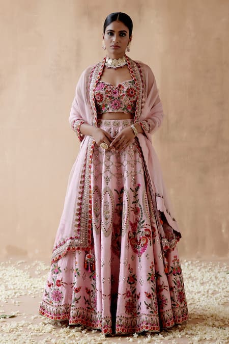 Aman Takyar Pink Raw Silk Embroidery Thread Sweetheart Flower Bridal Lehenga Set 