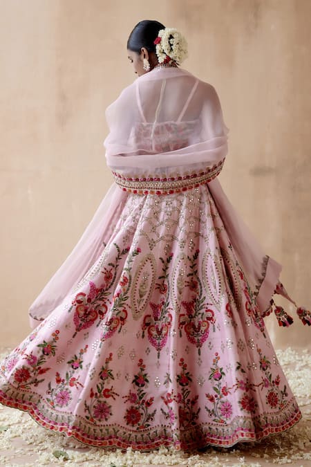 Shop_Aman Takyar_Pink Silk, Organza Sequins, Stones, Gota Patti, Flower Bridal Lehenga Set _at_Aza_Fashions
