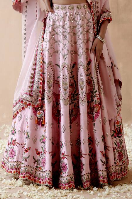 Buy_Aman Takyar_Pink Silk, Organza Sequins, Stones, Gota Patti, Flower Bridal Lehenga Set _Online_at_Aza_Fashions