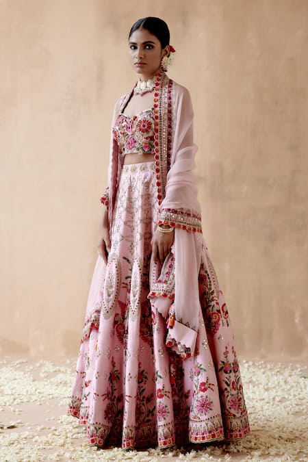 Shop_Aman Takyar_Pink Silk, Organza Sequins, Stones, Gota Patti, Flower Bridal Lehenga Set _Online_at_Aza_Fashions