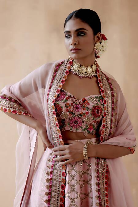 Aman Takyar_Pink Silk, Organza Sequins, Stones, Gota Patti, Flower Bridal Lehenga Set _at_Aza_Fashions