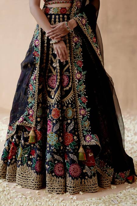 Aman Takyar Black Silk, Organza Sequins, Beads, Foliage Thread Bridal Lehenga Set Online at Aza Fashions Aman Takyar_Black Silk, Organza Sequins, Beads, Foliage Thread Bridal Lehenga Set _Online_at_Aza_Fashions