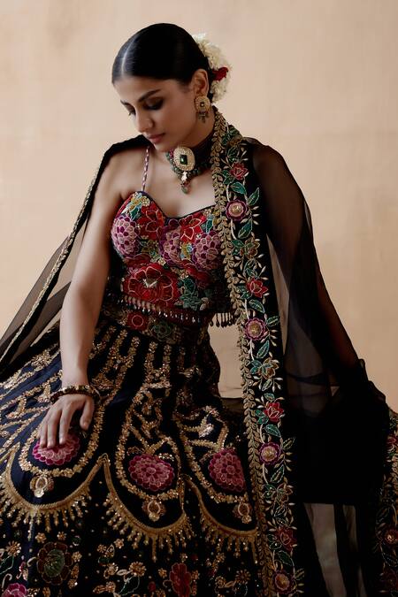 Shop Aman Takyar Black Silk, Organza Sequins, Beads, Foliage Thread Bridal Lehenga Set Online at Aza Fashions Shop_Aman Takyar_Black Silk, Organza Sequins, Beads, Foliage Thread Bridal Lehenga Set _Online_at_Aza_Fashions