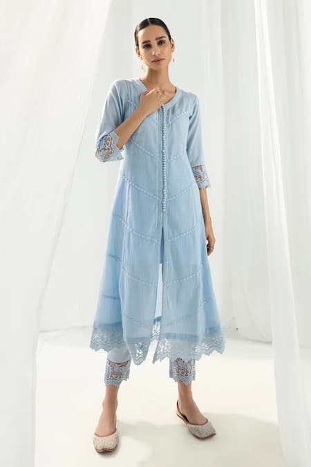 Roze_Blue Crepe, Cotton, Kota Doria Lace, Cut Mahjabeen Floral Embellished Kurta Set _Online_at_Aza_Fashions