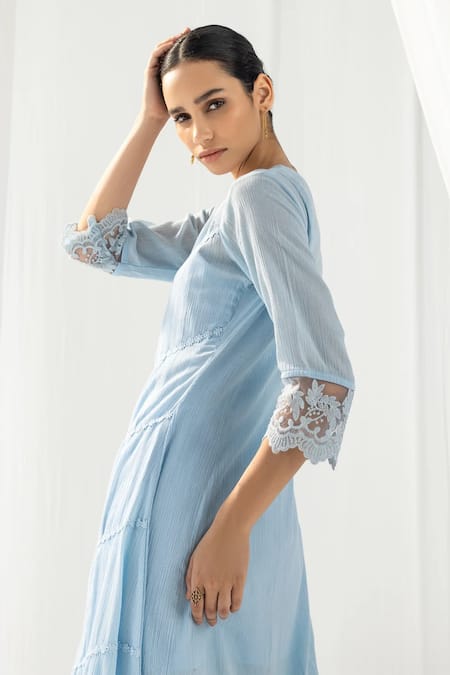 Buy_Roze_Blue Crepe, Cotton, Kota Doria Lace, Cut Mahjabeen Floral Embellished Kurta Set _Online_at_Aza_Fashions