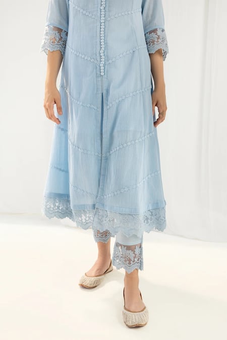 Shop_Roze_Blue Crepe, Cotton, Kota Doria Lace, Cut Mahjabeen Floral Embellished Kurta Set _Online_at_Aza_Fashions