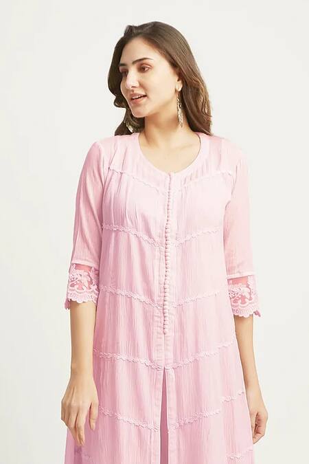 Roze_Pink Crepe Embroidery Split V-neck Mahjabeen Flower Lace Embellished Kurta _Online_at_Aza_Fashions