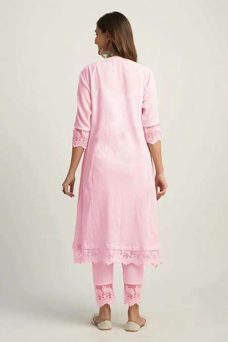 Shop Roze Pink Crepe, Cotton, Kota Doria Lace Mahjabeen Flower Embellished Kurta Set at Aza Fashions Shop_Roze_Pink Crepe, Cotton, Kota Doria Lace Mahjabeen Flower Embellished Kurta Set _at_Aza_Fashions