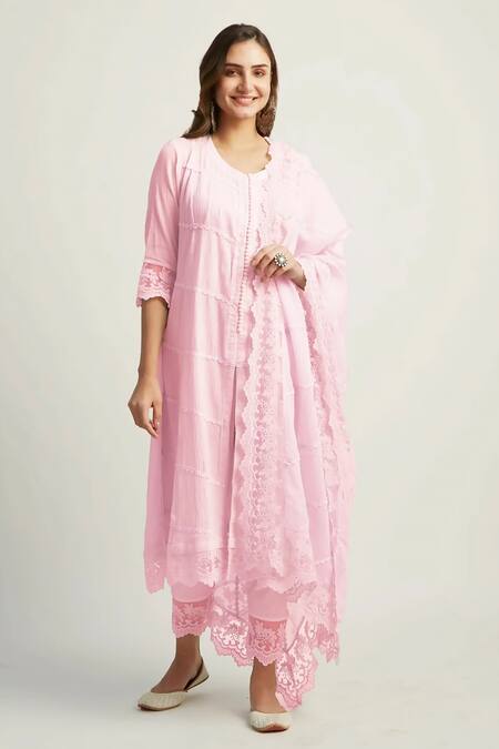Shop Roze Pink Crepe, Cotton, Kota Doria Lace Mahjabeen Flower Embellished Kurta Set Online at Aza Fashions Shop_Roze_Pink Crepe, Cotton, Kota Doria Lace Mahjabeen Flower Embellished Kurta Set _Online_at_Aza_Fashions