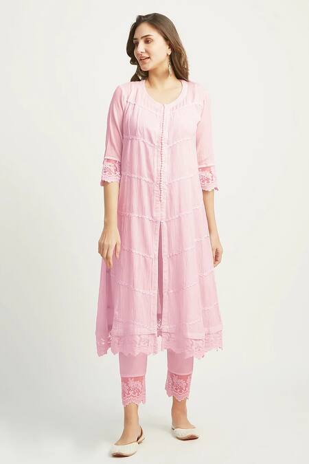 Buy_Roze_Pink Crepe Embroidery Split V-neck Mahjabeen Flower Lace Embellished Kurta _Online_at_Aza_Fashions