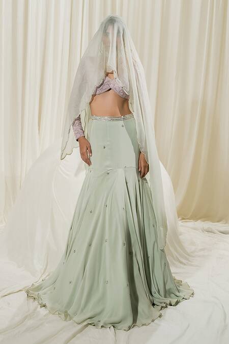 Shop EASE Green Satin, Organza, Crepe, Viscose Embroidery Bandeau Neck Blouse Lehenga Set at Aza Fashions Shop_EASE_Green Satin, Organza, Crepe, Viscose Embroidery Bandeau Neck Blouse Lehenga Set _at_Aza_Fashions