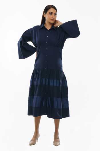 Khat_Blue Cotton Collared Sleeve Shirt Dress And Pant Set _at_Aza_Fashions