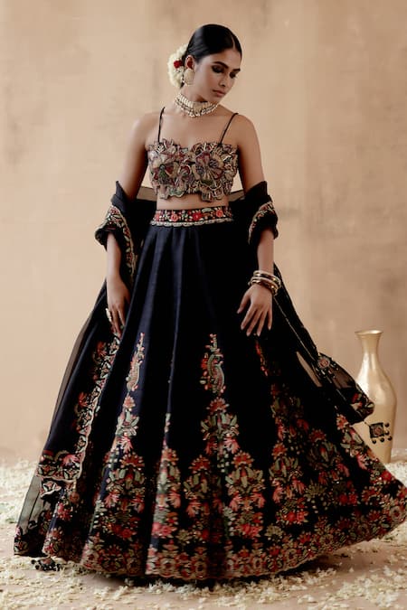 Aman Takyar Black Raw Silk Embroidery Resham Paisley Floral Bridal Lehenga Set 