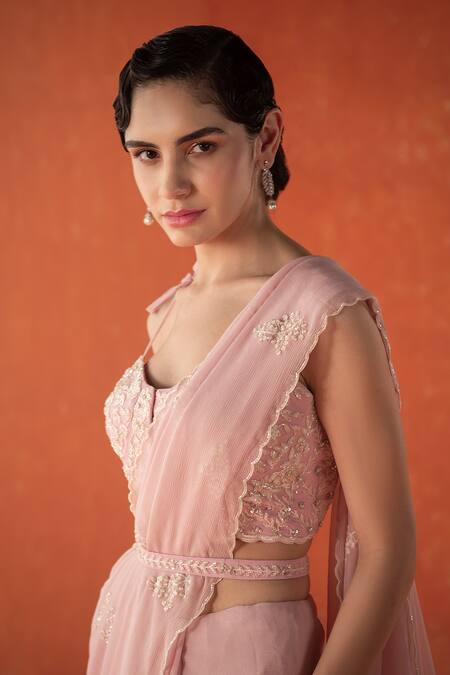 Summer By Priyanka Gupta_Pink Chiffon, Georgette Beads, Cut Work, Dandelion Saree And Blouse Set_Online_at_Aza_Fashions