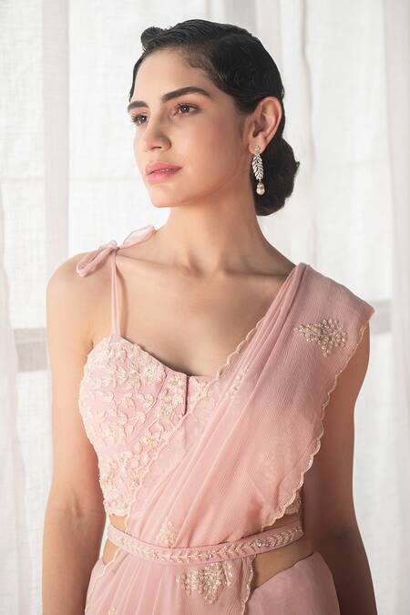 Buy_Summer By Priyanka Gupta_Pink Chiffon, Georgette Beads, Cut Work, Dandelion Saree And Blouse Set_Online_at_Aza_Fashions