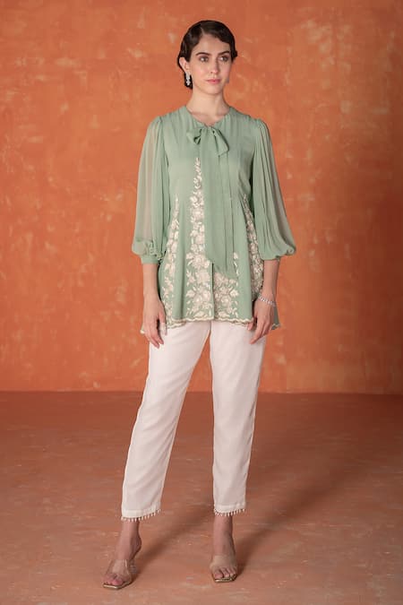 SUMMER BY PRIYANKA GUPTA Green Georgette Embroidered Cut Dana Tie-up Collar Floral Godet Tunic