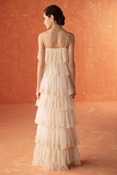 Shop_Summer By Priyanka Gupta_Ivory Net Lace Round Neck Embroidered Tiered Dress_at_Aza_Fashions
