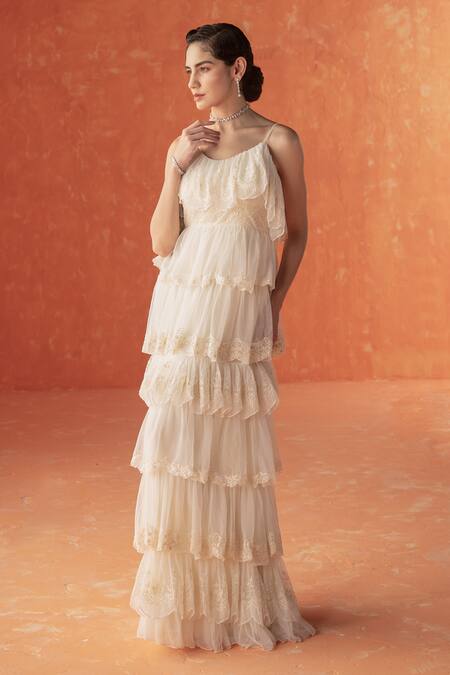 Summer By Priyanka Gupta_Ivory Net Lace Round Neck Embroidered Tiered Dress_Online_at_Aza_Fashions