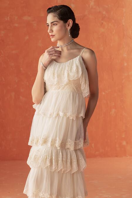 Buy_Summer By Priyanka Gupta_Ivory Net Lace Round Neck Embroidered Tiered Dress_Online_at_Aza_Fashions