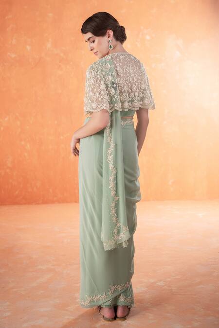 Shop Summer By Priyanka Gupta Blue Chiffon, Georgette, Net Embroidery Round Adena Floral Saree With Poncho at Aza Fashions Shop_Summer By Priyanka Gupta_Blue Chiffon, Georgette, Net Embroidery Round Adena Floral Saree With Poncho_at_Aza_Fashions