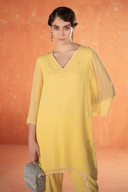 Summer By Priyanka Gupta_Yellow Georgette Pearls, Beads Embroidered Straight Tunic And Tulip Pant Set_Online_at_Aza_Fashions