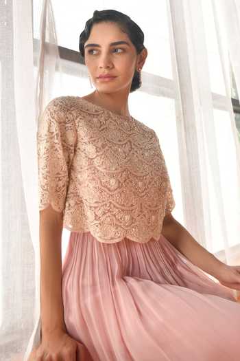 Buy Pink Georgette, Net Embroidery Round Neck Chandelier Maxi Dress With  Poncho For Women by Summer By Priyanka Gupta Online at Aza Fashions.
