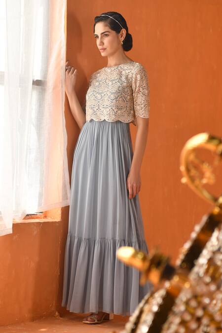 Shop_Summer By Priyanka Gupta_Blue Georgette, Net Embroidery Round Chandelier Tie-up Maxi Dress Poncho Set_Online_at_Aza_Fashions