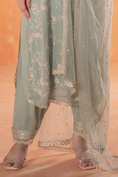 Buy_Summer By Priyanka Gupta_Green Georgette, Net Sequins, Cut Work, Stones, Mirella Foliage Kurta Pant Set_Online_at_Aza_Fashions