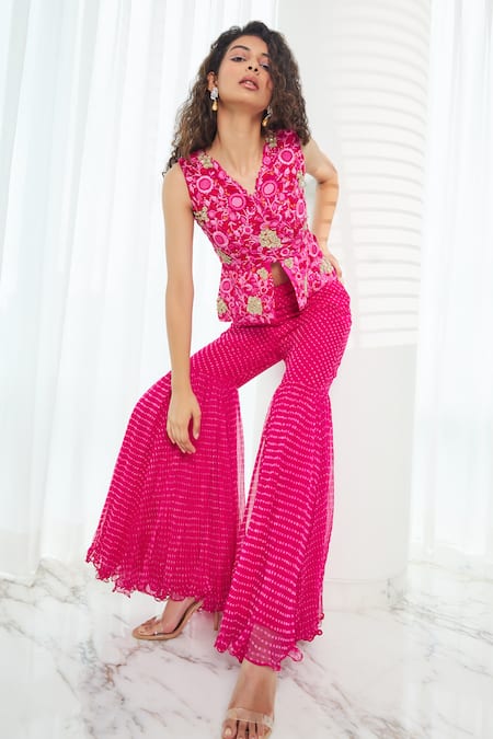 Lalita Dagliya Pink Georgette Embroidered Floral V Neck Top And Pant Set 