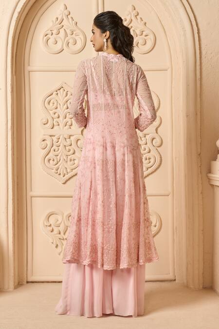 Shop Aariyana Couture Pink Satin, Lycra, Viscose, Tulle Embroidery Floral Jacket With Flared Pant Set at Aza Fashions Shop_Aariyana Couture_Pink Satin, Lycra, Viscose, Tulle Embroidery Floral Jacket With Flared Pant Set_at_Aza_Fashions