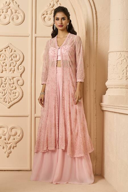 Shop Aariyana Couture Pink Satin, Lycra, Viscose, Tulle Embroidery Floral Jacket With Flared Pant Set Online at Aza Fashions Shop_Aariyana Couture_Pink Satin, Lycra, Viscose, Tulle Embroidery Floral Jacket With Flared Pant Set_Online_at_Aza_Fashions
