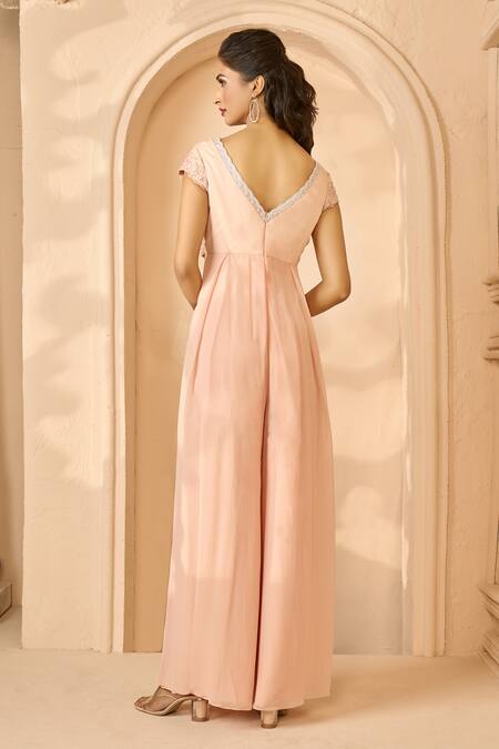 Shop Aariyana Couture Peach Viscose, Georgette Embroidery V-neck Floral Bodice Jumpsuit at Aza Fashions Shop_Aariyana Couture_Peach Viscose, Georgette Embroidery V-neck Floral Bodice Jumpsuit_at_Aza_Fashions